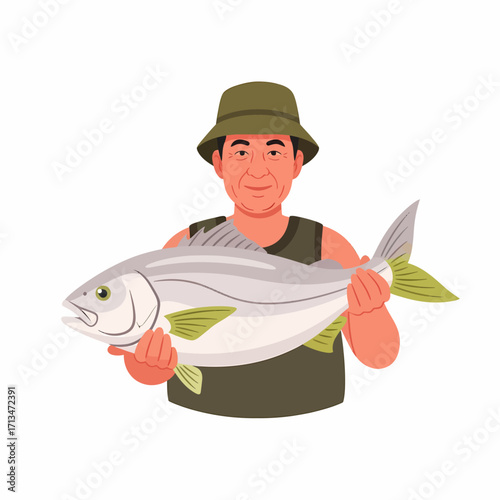 A man wearing a hat holding a large fish, smiling at the viewer, with a white background.