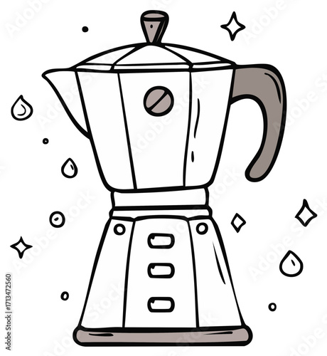 Hand drawn doodle illustration of a vintage coffee maker with sparkling stars and water droplets