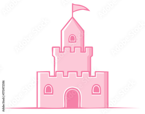Cute Pink Fairytale Castle Cartoon Illustration with Flag and Towers for Children's Designs