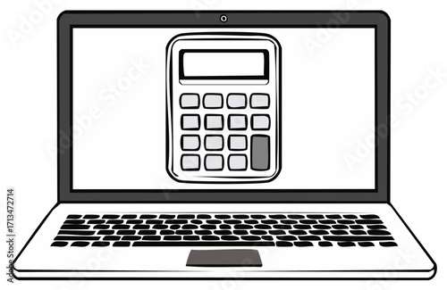 Hand-drawn illustration of a laptop displaying a calculator with numbers and symbols