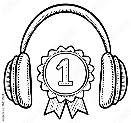 Headphones with First Place Award Ribbon and Number One Symbol