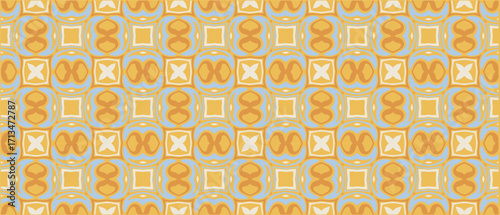 An intricate geometric pattern in muted yellow and grey tones featuring repeated squares and oval shapes.