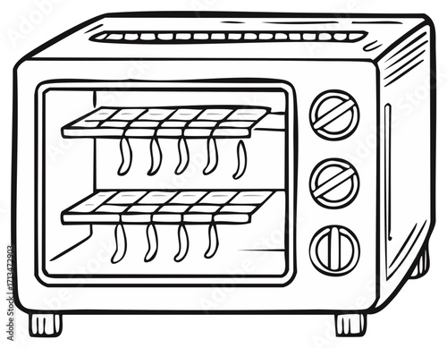 Oven Dehydrator Doodle with Shelves Filled with Food Ready for Drying, Outlined Kitchen Appliance