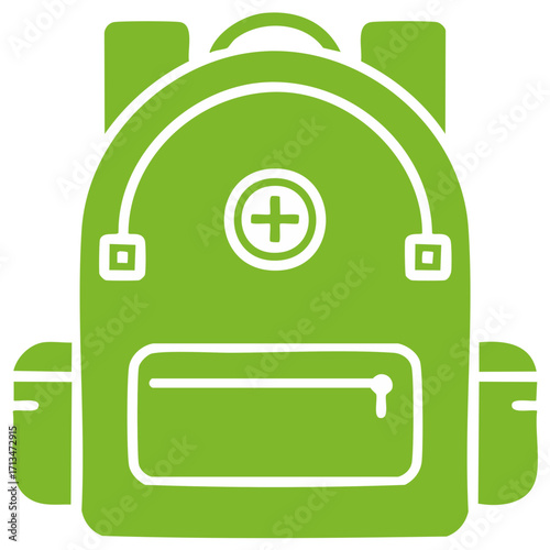 Green first aid backpack icon for emergencies and medical supplies travel safety