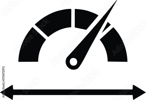 Black and white illustration of a speedometer with an arrow and a line with arrows at both ends.