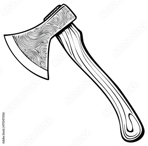 Stylized Axe with Wood Grain Handle and Geometric Pattern on Head in Black and White
