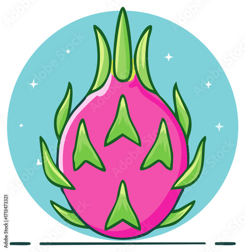 Vibrant Pink Dragon Fruit Illustration with Green Scales and Star Accents