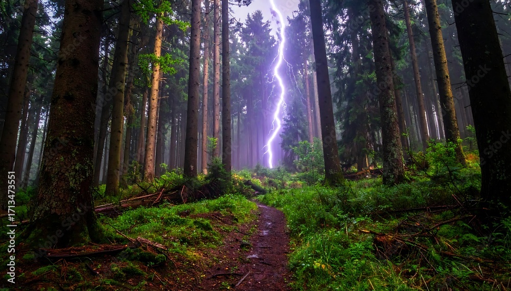 Fototapeta premium Forest path leads to a vibrant lightning strike. Lush trees, misty atmosphere, and a sense of awe