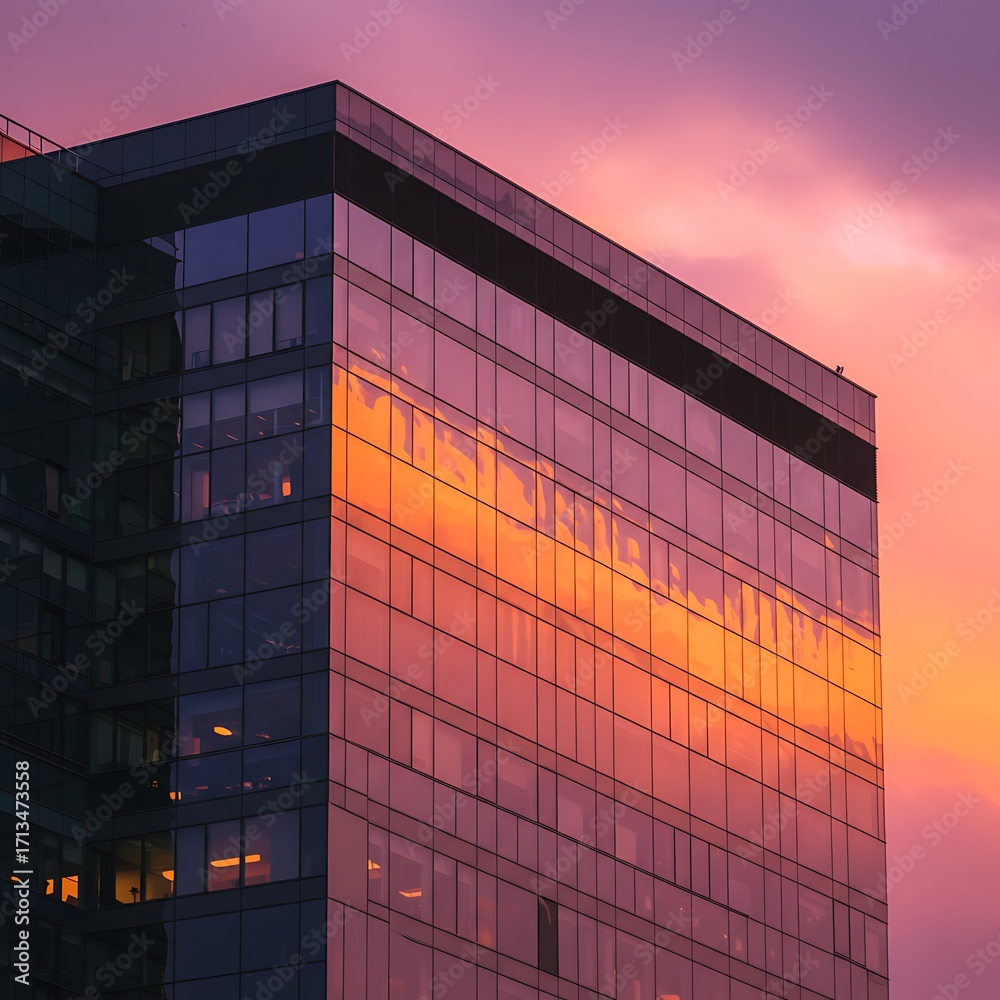 Fototapeta premium Building Reflecting Sky at Sunset Creates Colorful Cityscape