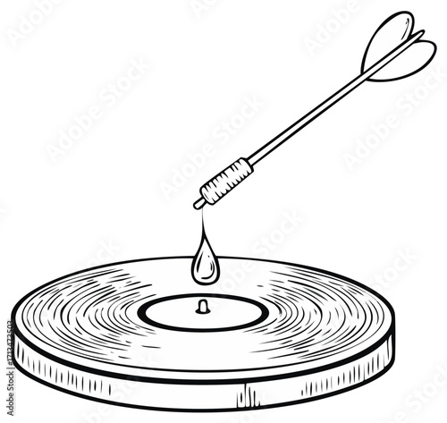 Dropping Point Sketch A water droplet falls on a target or vinyl record drawn with graphic lines artistic interpretation and design