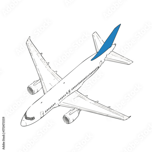 Airplane Sketch Isometric View of Passenger Jet.