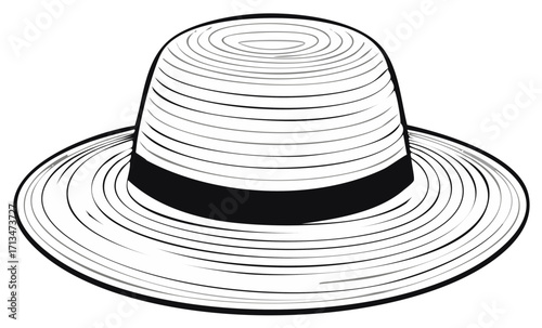Stylized Straw Hat Illustration with Black Ribbon, Summer Headwear Graphic, Casual Fashion Accessory Image