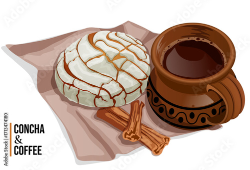 Traditional Mexican Concha with Coffee and Cinnamon – Pan Dulce on Parchment Paper Rustic Illustration