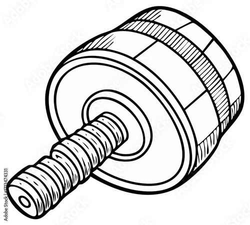 Hand drawn black and white illustration of a mechanical component isolated