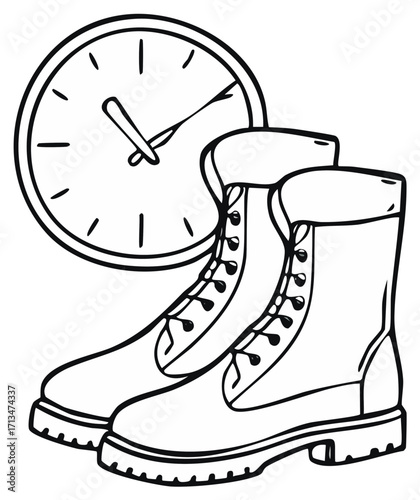 Pair of work boots next to a clock, symbolizing time and labor.