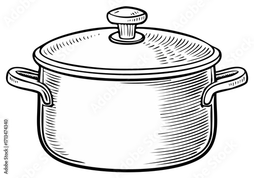 Black and white illustration of a cooking pot with handles and lid