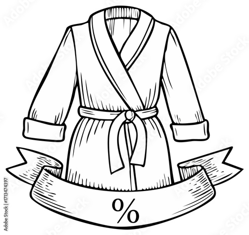 Robe Sketch with Discount Ribbon Banner. Line Art Style Clothing Sale Design Element