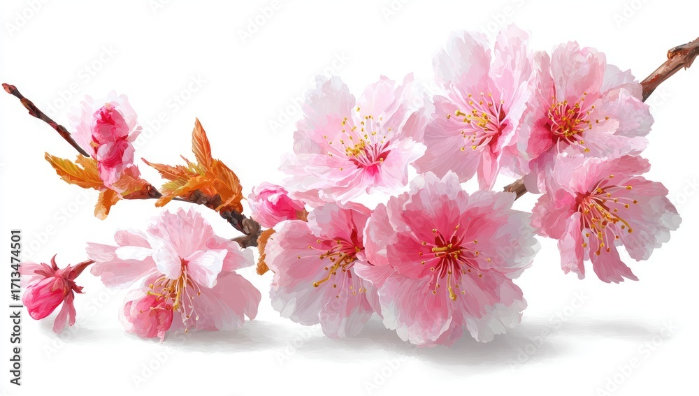 Fototapeta premium Delicate branch of light pink blossoms, some fully opened, others in bud, against a stark white background, showcasing detailed petals and stamens