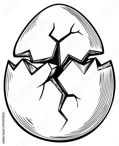 Artistic black and white woodcut illustration of a cracked egg, symbolizing breakage or a new beginning.