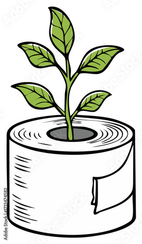 Green sprout growing from a roll of toilet paper symbolizing sustainability and growth