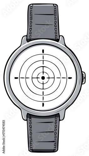 Hand Drawn Cartoon Wristwatch with Target Bullseye Dial and Filmstrip Style Strap Time Focus Precision