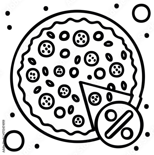 Delicious Pizza Slice with Discount Percent Symbol in Outline Drawing