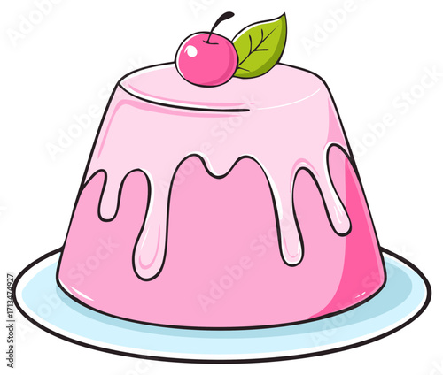 Pink Panna Cotta Dessert with Cherry on Plate Sweet and Delightful Confection