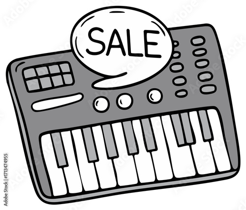 Cartoon depiction of a keyboard synthesizer with sale price announcement