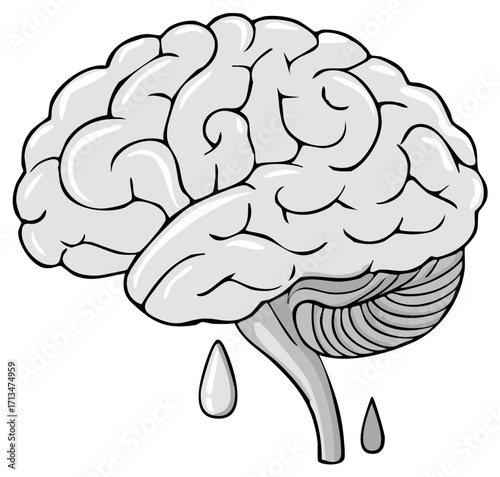 Illustration of a human brain with droplets falling from the brainstem signifying illness or stress