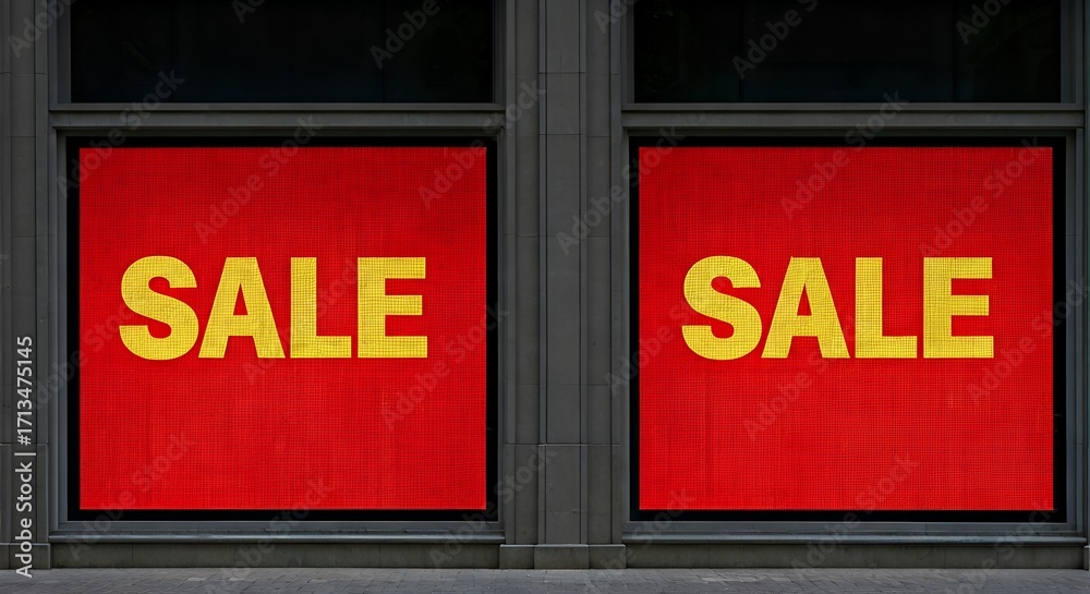 Obraz premium Close-up of a storefront window with red SALE signs in a dark frame