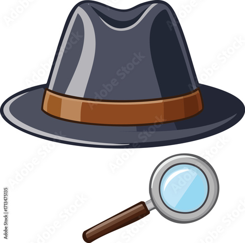 A dark fedora and magnifying glass, classic detective tools.