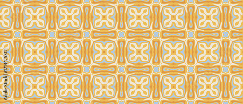 A repeating vintage pattern with a symmetrical geometric arrangement in earthy tones featuring ornate floral motifs within square frames creating a sophisticated backdrop for design.