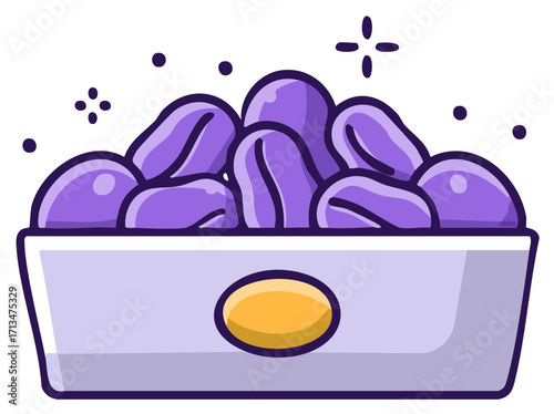 Bowl overflowing with ripe purple plums and sparkles in a cartoonish style