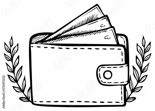Hand-Drawn Wallet with Money Surrounded by Decorative Leaves and Artistic Flair