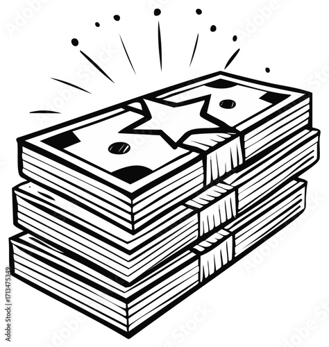 Stack of money with a star on top illustration with radiating lines