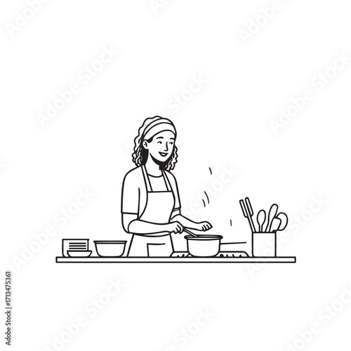 Black and White Vector Illustration of a Smiling Woman Cooking in Kitchen with Apron and Headband