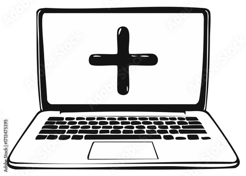 Simple black and white illustration of a laptop displaying a plus sign on its screen