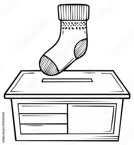 Outline drawing of a textured sock being inserted into a slotted collection box or ballot container