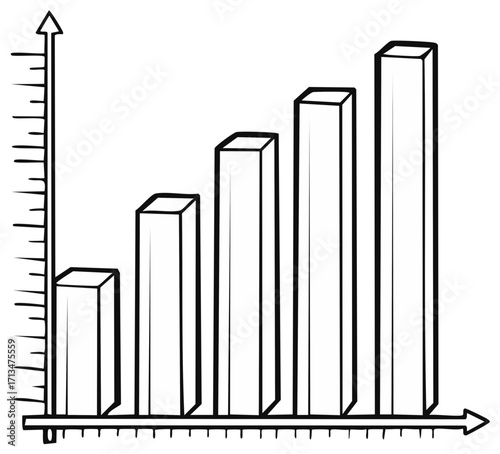 Hand drawn bar chart showing upward trend with vertical axis scale and horizontal base line