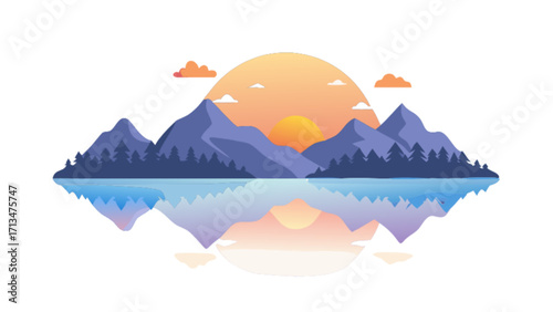Mountain landscape vector illustration with lake reflection sunset scene and pine trees nature background design