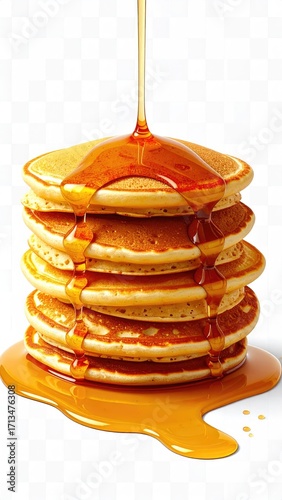 A stack of golden pancakes drenched in syrup