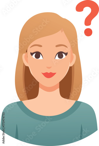 A thoughtful young woman with a question mark above her head, pondering a decision or query.