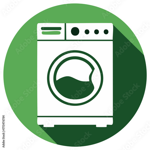 Eco friendly washing machine flat design icon with long shadow in green circle
