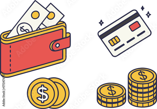 Flat design finance icons set including wallet credit card and coins