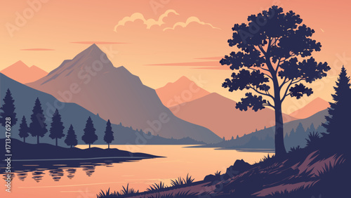 Beautiful landscape scenery of mountains, lake, forest, trees, and sunset vector illustration art