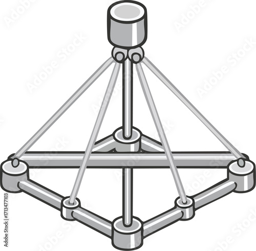 Isometric view of a gray tensegrity structure with rods and cables.