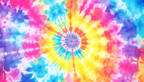 A vibrant tie-dye pattern featuring a colorful rainbow star at its center, radiating hues of red, orange, yellow, green, blue, and purple.