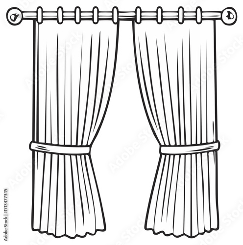Drapery curtain illustration with tie backs on a rod with rings in a simple line art style