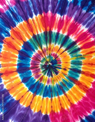 A vibrant tie-dye design featuring a swirling rainbow spiral pattern, showcasing a blend of bright colors like red, blue, yellow, and green, creating a lively, artistic effect.