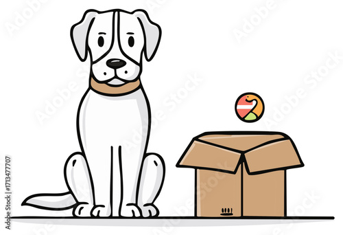 Cartoon Dog Guarding Box with Floating Toy Ball An Illustration of a Domestic Canine and its Toy, and a Brown Cardboard Box